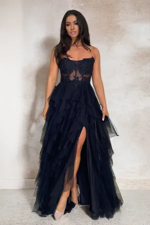 Strapless See-through Tulle Prom Party Dress with Slit