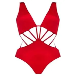Stylish Solid Color String Spliced One-Piece Women's Swimwear - Red M